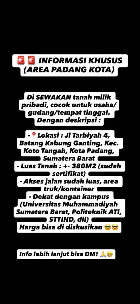 DISEWAKAN TANAH STRATEGIS – KOTA PADANG
