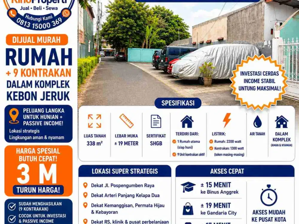 Jual Cepat dan murah! Rumah+kontrakan 9 Pintu Dalam Komplek Kebon Jeruk Jakarta Barat