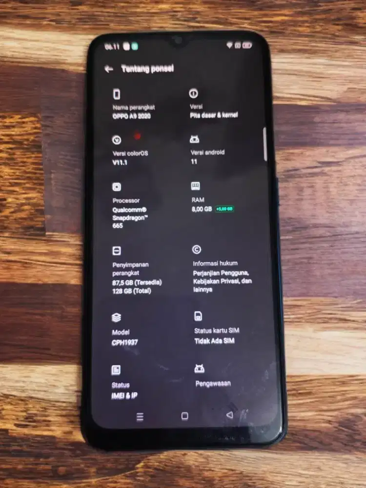Oppo A9 2020 8/128 GB second Batangan Normal