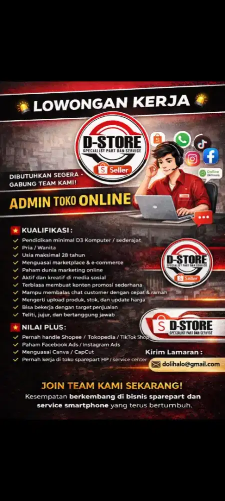 Dibutuhkan Admin Toko Online