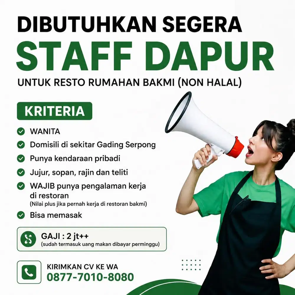 DIBUTUHKAN SEGERA : Staff Dapur / Karyawan Dapur Non Halal