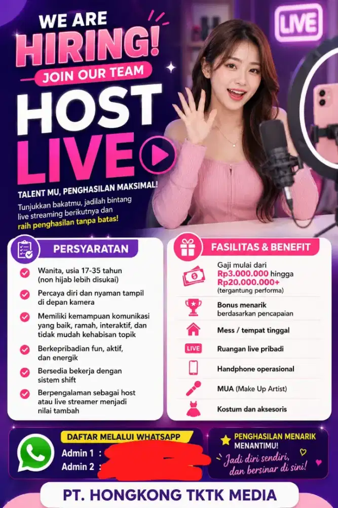DIBUTUHKAN SEGERA TALENT HOST LIVE PENGALAMAN/NON PENGALAMAN