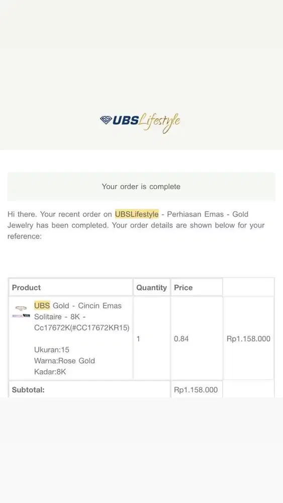 Ubs Gold Cincin Emas -8k- solitaire rose gold