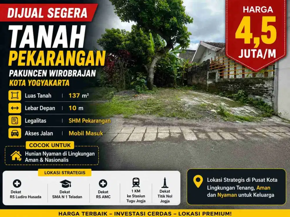 Tanah Pekarangan 137m Lokasi Strategis Pakuncen Wirobrajan – Mobil Masuk