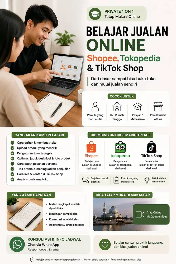 Belajar Shopee, Tokopedia & TikTok Shop Makassar Gowa