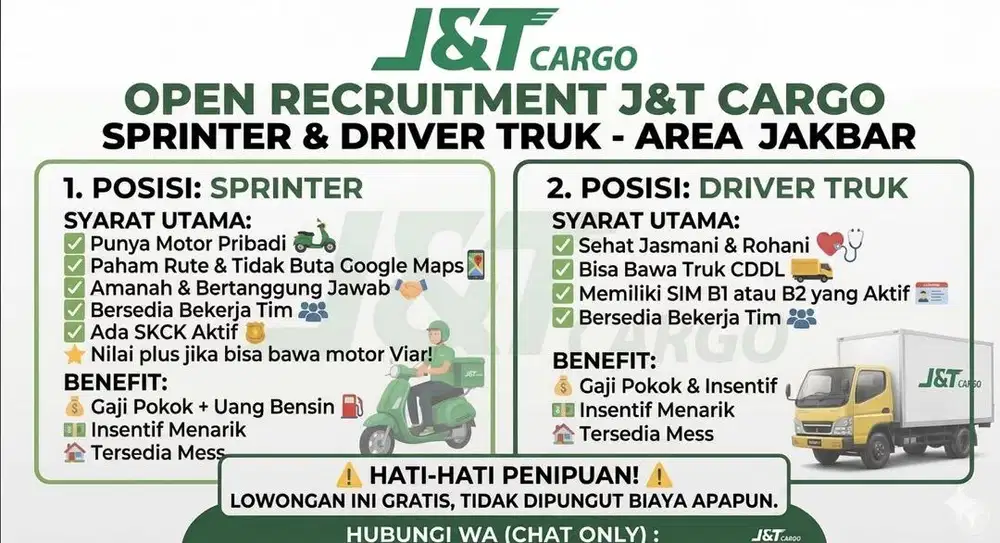 Dicari Driver pickup dan Sprinter Deliv JNT Cargo