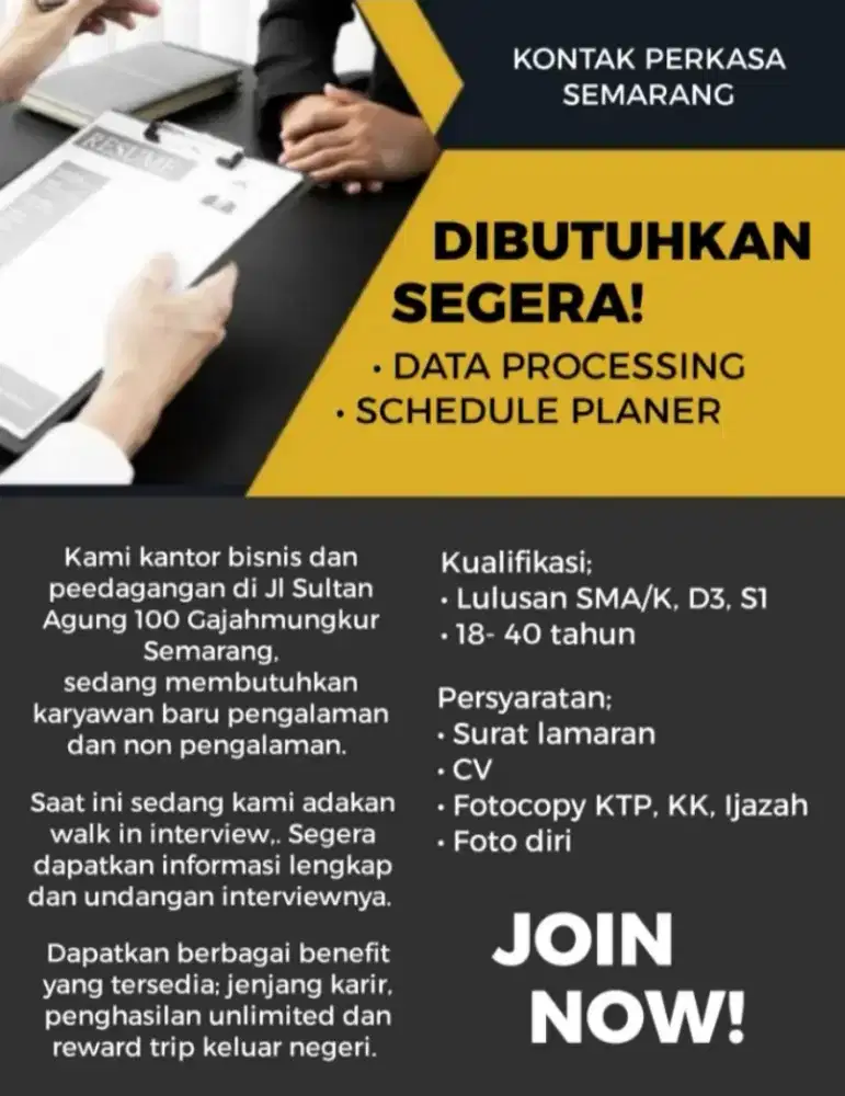 DIBUTUHKAN SEGERA, STAF KANTOR PENGALAMAN & NON PENGALAMAN - SEMARANG
