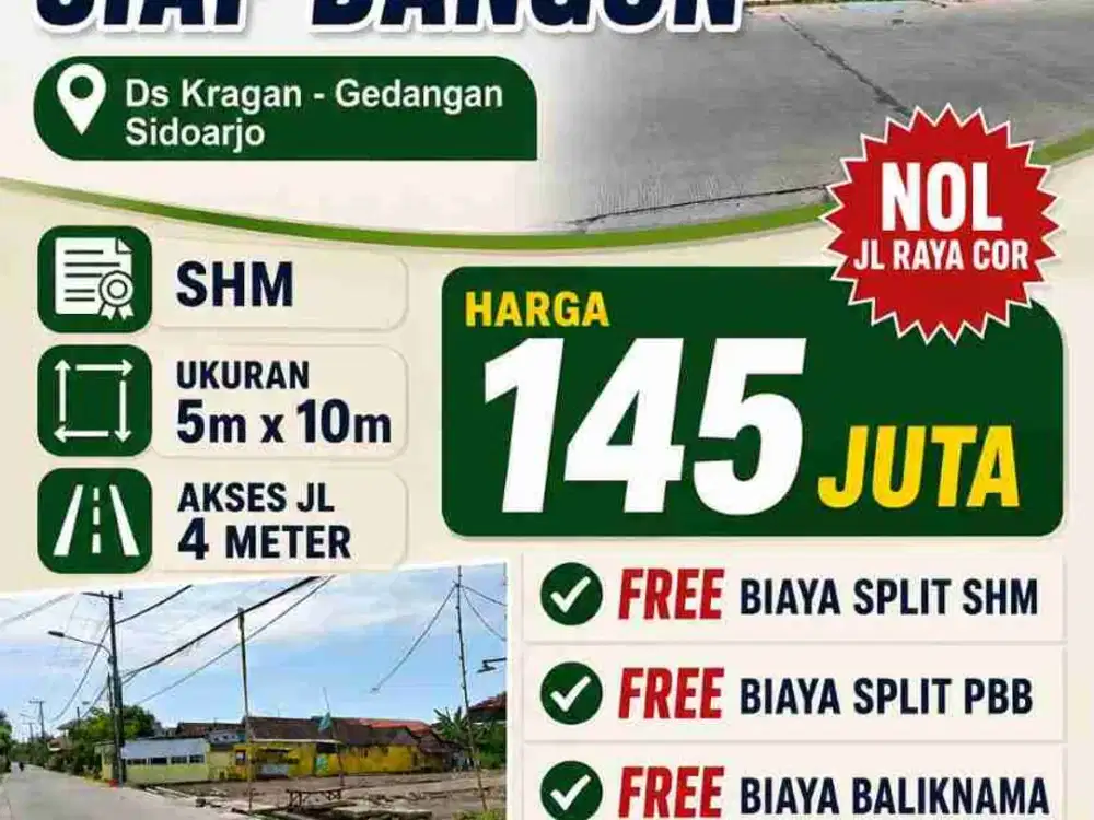 Sisa 11 Unit Tanah Kavling Pekarangan siap Bangun di Ds Kragan, Gedangan, Sda