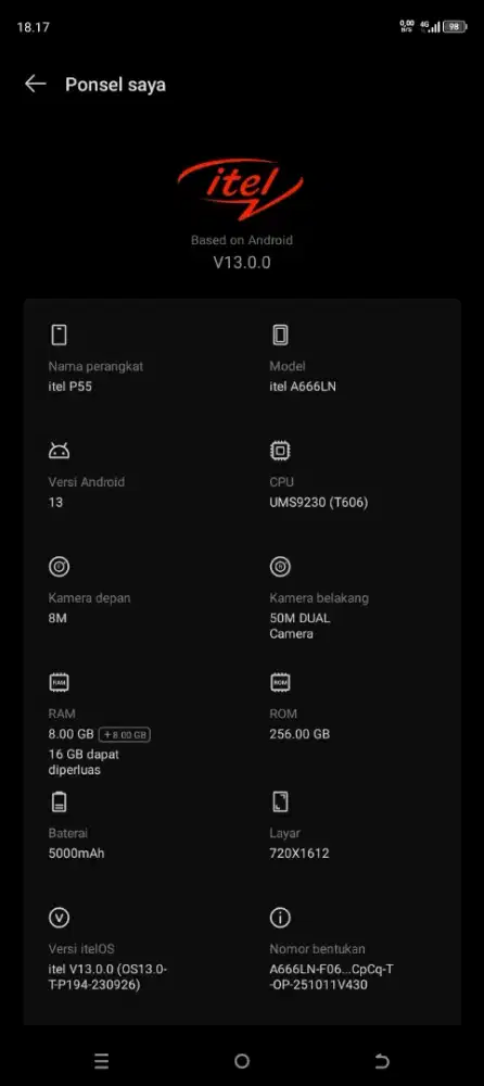 Itel p55 8+8/256