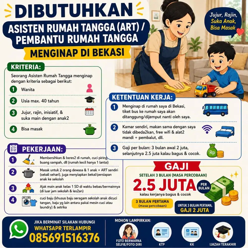 Asisten Rumah Tangga (ART) / Pembantu Rumah Tangga Menginap di Bekasi