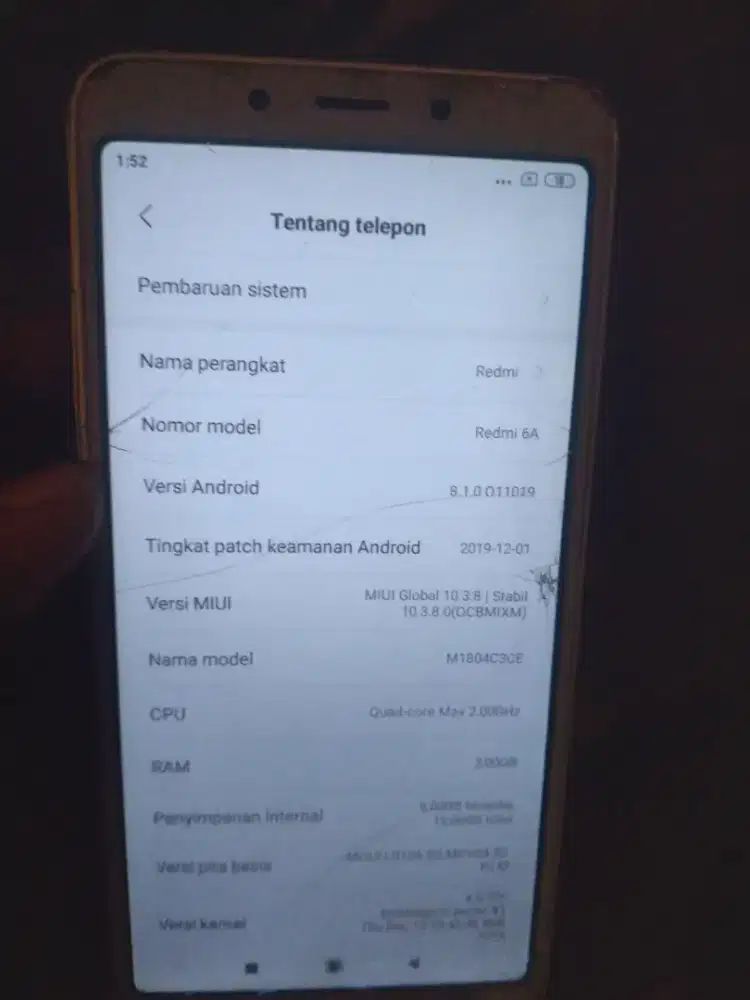 Redmi 6a 2/16 minus tc retak dan fungsi normal