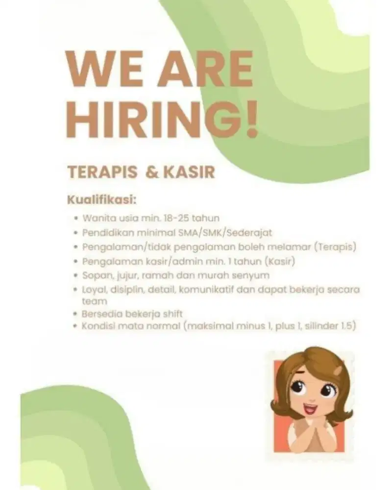 Lowongan khusus Wanita di Outlet spa. Terapis & Kasir
