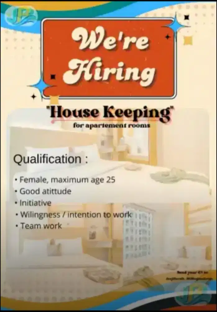 Need wanita untuk staff bagian housekeeping room apartemen