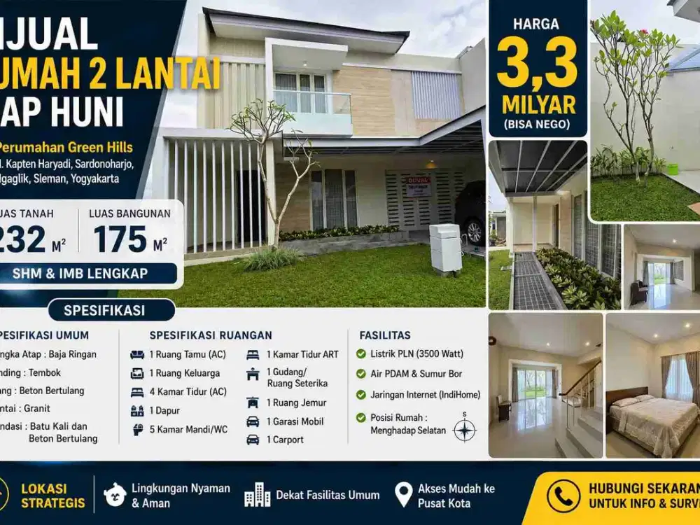 Rumah Mewah 2 Lantai Siap Huni di Perumahan Green Hills Ngaglik Sleman – SHM & IMB Lengkap