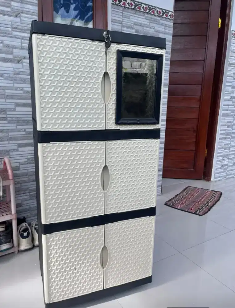 Promo murah lemari pakaian plastik mini susun 3 kaca plus kunci