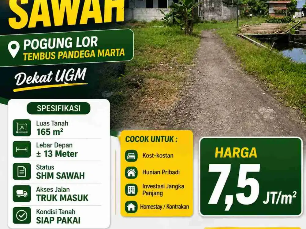 DIJUAL TANAH STRATEGIS DEKAT UGM 
 Pogung Lor – Tembus Pandega Marta, Yogyakarta