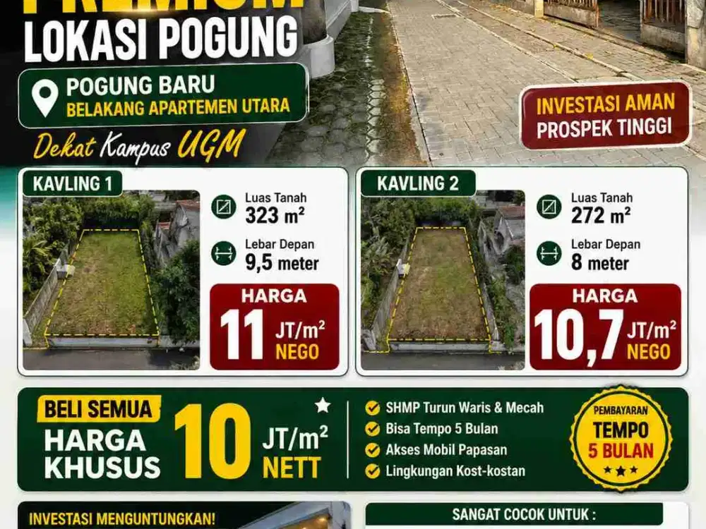 DIJUAL TANAH PREMIUM AREA POGUNG BARU 
Belakang Apartemen Utara – Pogung, Yogyakarta
Kawasan Elite Kost Eksklusif Dekat UGM