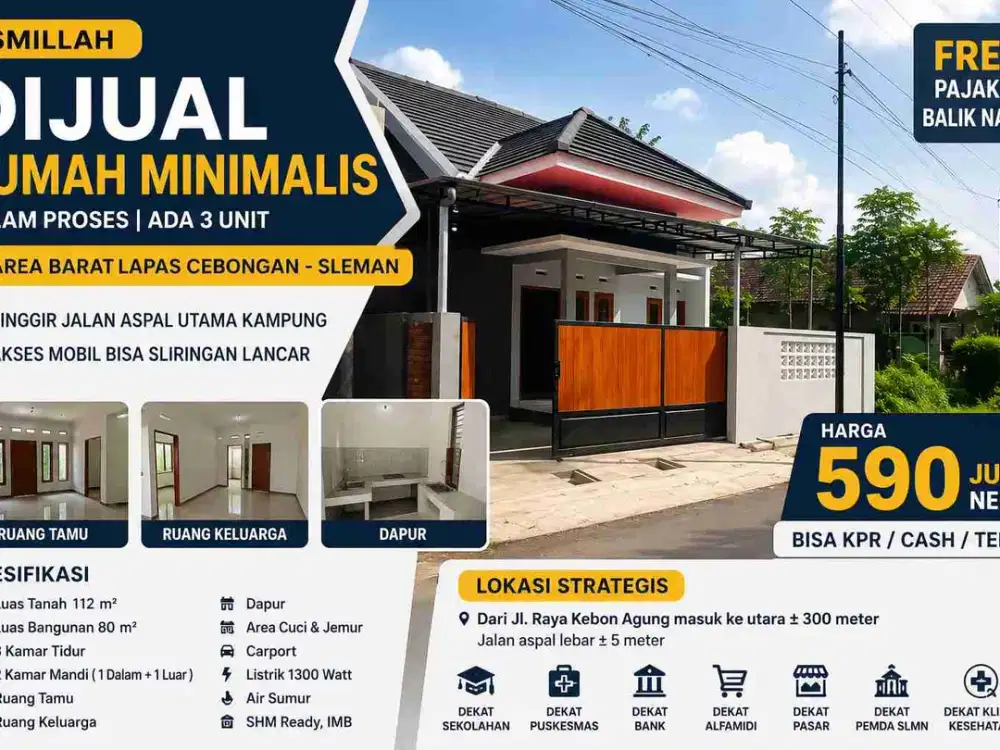 Rumah Minimalis Baru 3 KT Area Cebongan Sleman Pinggir Jalan Aspal – Bisa KPR, Free Pajak & Balik Nama