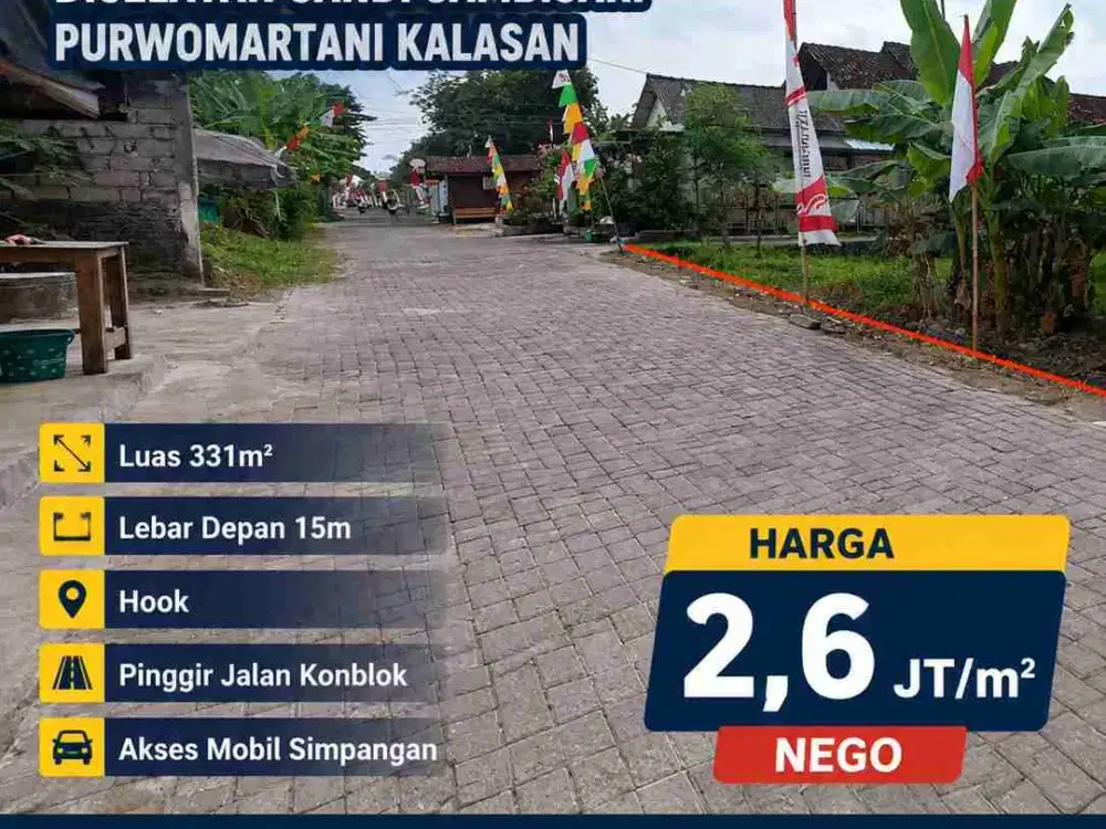 Dijual Tanah Pekarangan Hook 331 m² Selatan Candi Sambisari Purwomartani Kalasan – SHM Pinggir Jalan