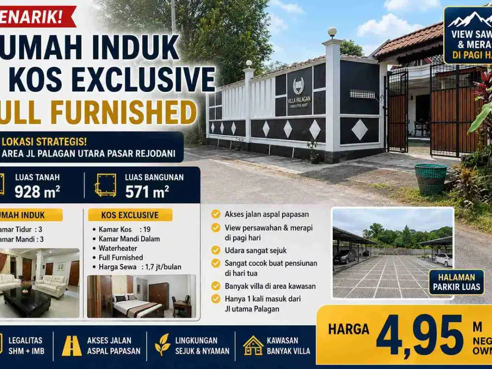 Dijual Rumah Induk + Kos Exclusive Full Furnished 19 Kamar Area Palagan Utara – View Sawah & Merapi
