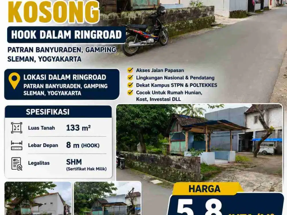 Dijual Cepat Tanah Pekarangan Hook Dalam Ringroad Banyuraden Gamping – Cocok Rumah/Kost/Investasi