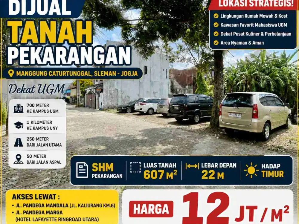Dijual Tanah Pekarangan Strategis Dekat UGM Manggung Caturtunggal Sleman – 607 m² SHM