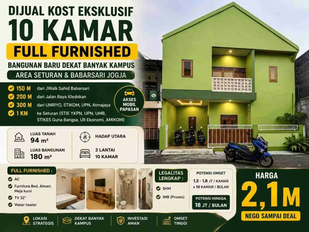 Dijual Kost Eksklusif 10 Kamar Full Furnished Dekat Kampus Seturan & Babarsari Jogja – Bangunan Baru, Omset Jalan