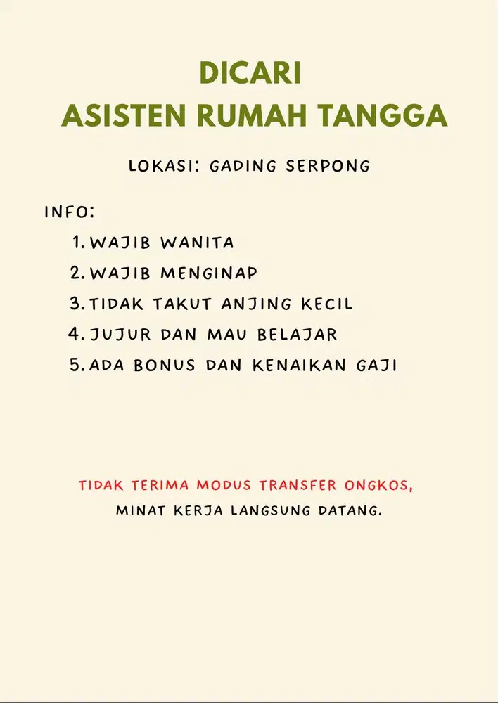 DICARI ASISTEN RUMAH TANGGA