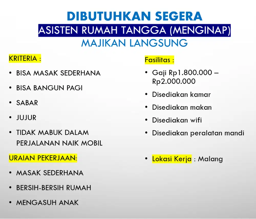 Dibutuhkan segera ART Menginap (Area Malang)