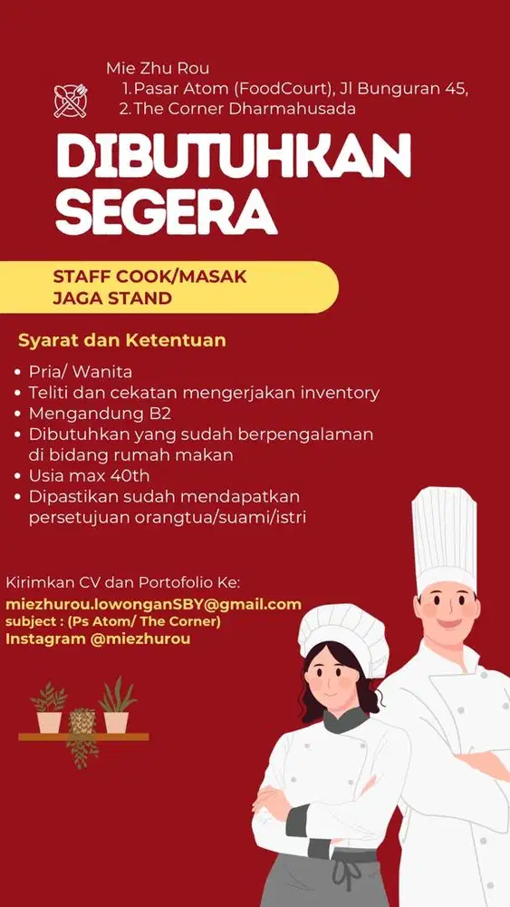 Dicari Staff untuk kedai Mie Zhu Rou