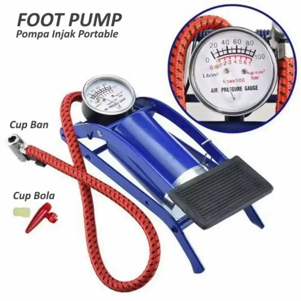 Pompa Kaki Angin 1 Tabung Portable Pengukur Tekanan Original Foot Pump