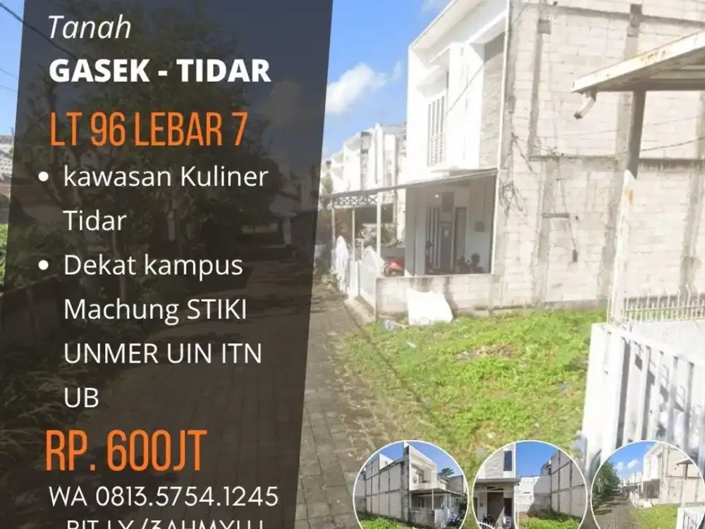 Tanah dijual di Gasek Tidar Karangbesuki LT96 Leb7 600jt