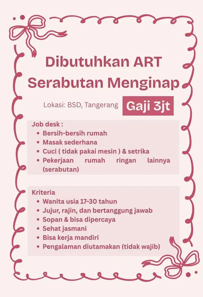 Dibutuhkan Segera ART serabutan Menginap