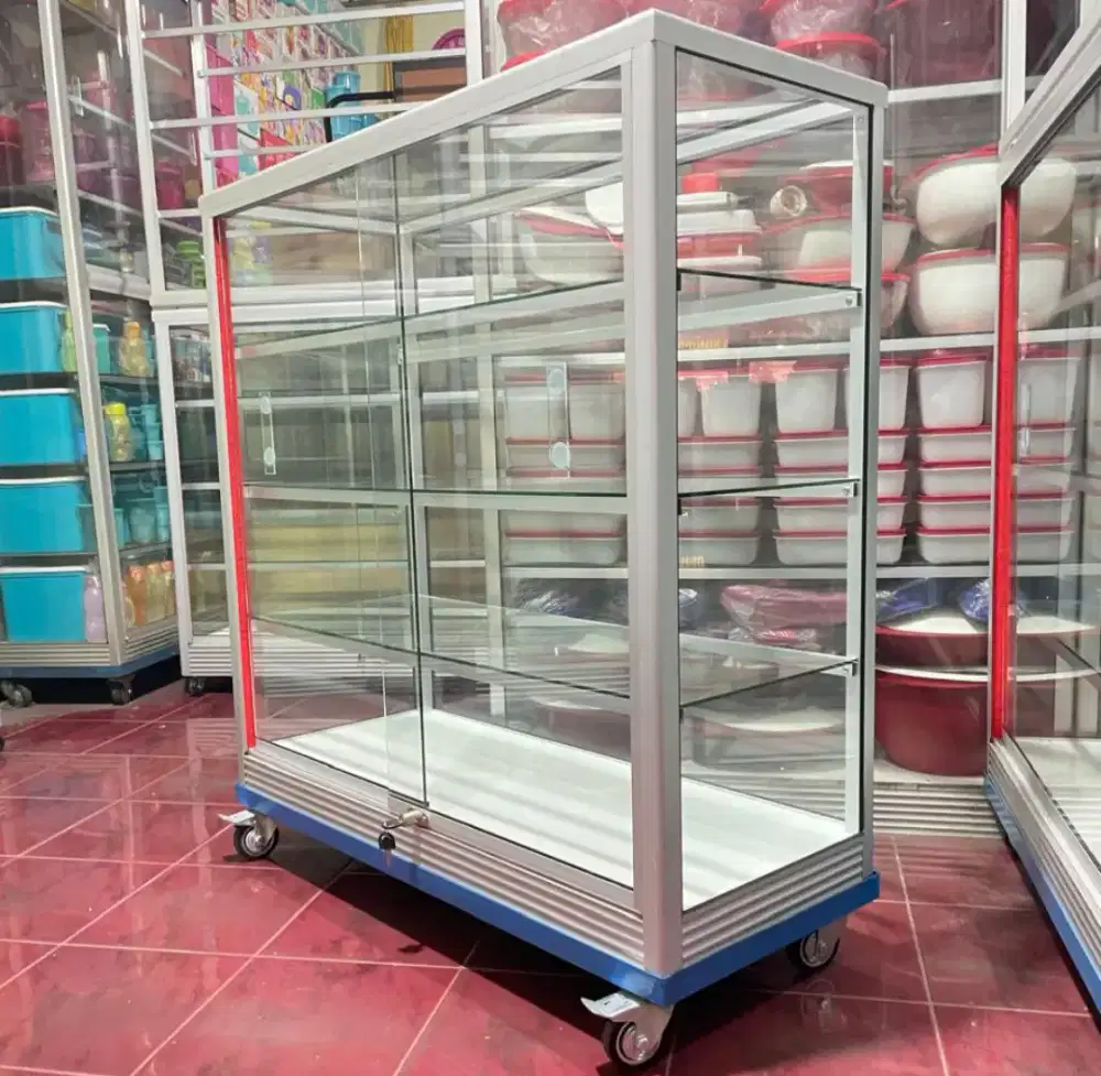 Etalase Panjang 1 Meter x 1 Meter Pake RODA BESAR & Kunci