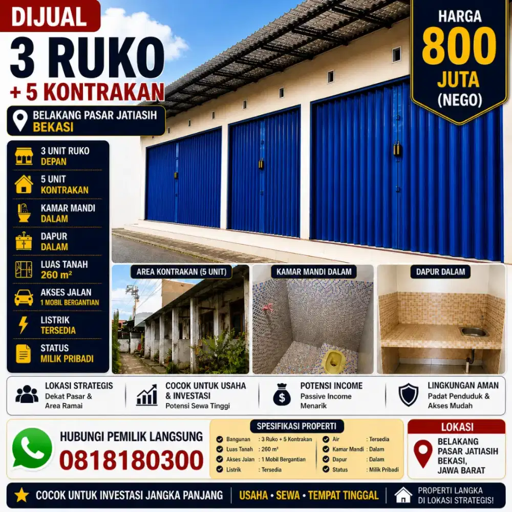 Dijual Cepat : 3 Ruko + 5 Kontrakan Belakang Pasar Jatiasih Bekasi
