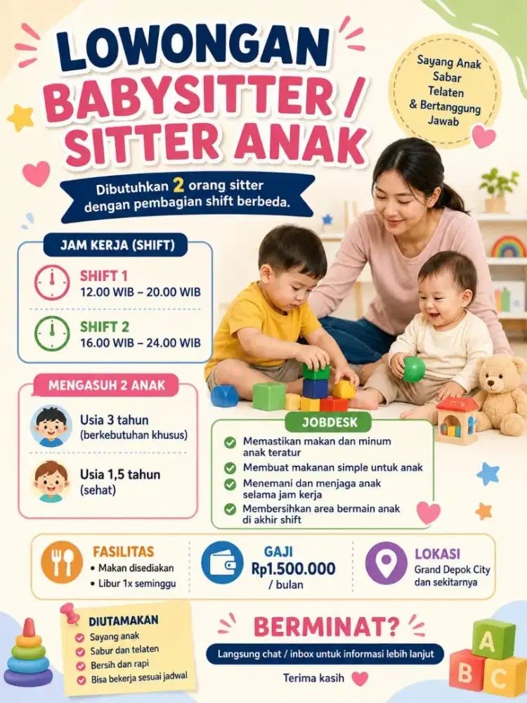 LOWONGAN BABYSITTER / PENGASUH  ANAK
