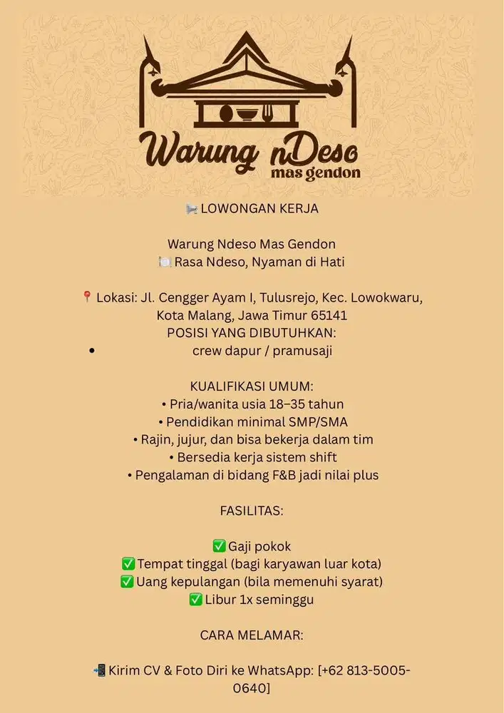Dibutuhkan Crew Dapur/Pramusaji di warung ndeso