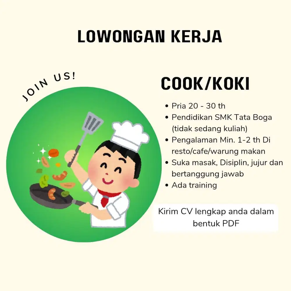 Dibutuhkan untuk Koki/Cook