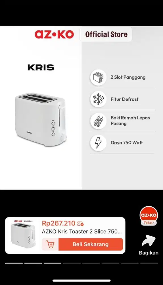 Kris Toaster 2 slice 750 watt putih. Pemanggang Roti Bread grill