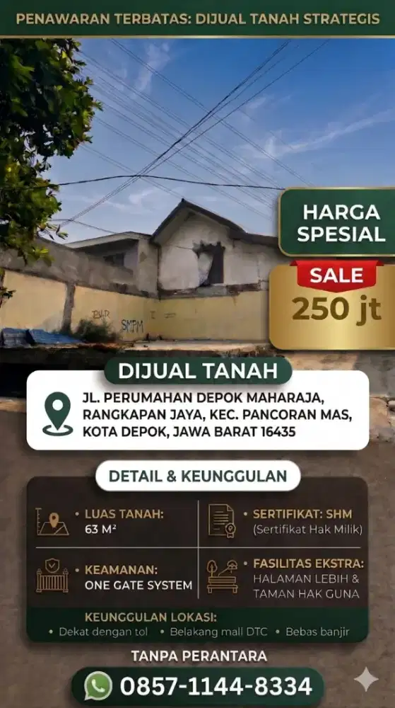 Jual Cepat Tanah MAHARAJA SHM 63m2, Depok (Dekat Mall DTC, Tol & KRL)
