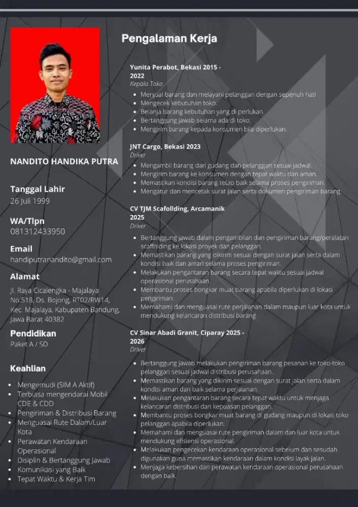 Cari Kerja Sebagai Driver Gudang / Pengiriman / Operasional