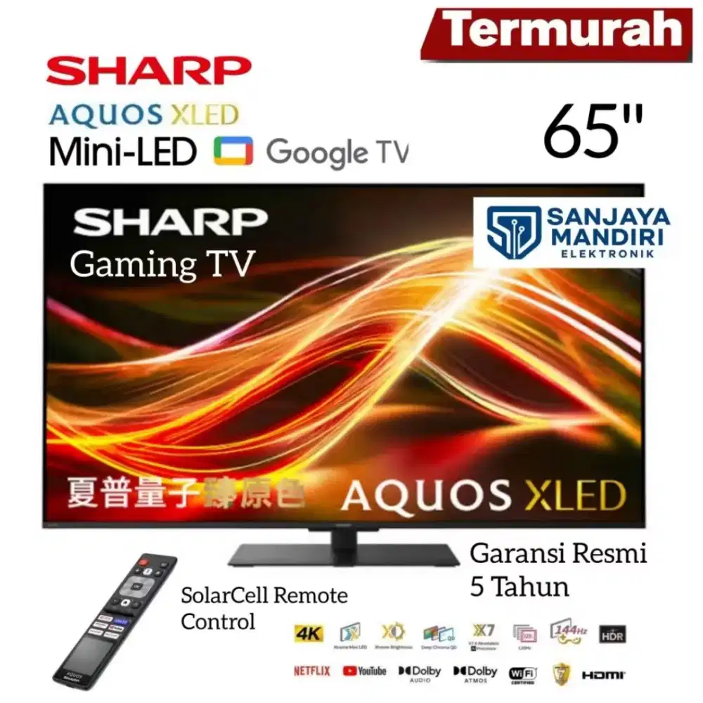 SHARP Mini LED 4K Google TV 65 144Hz X7 AI 4T-C65HU8500I Solar Remote