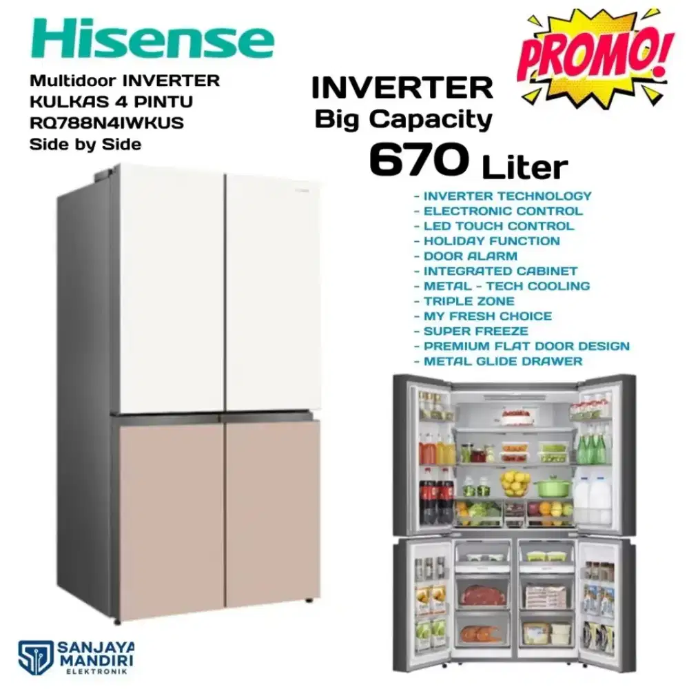 HISENSE MULTIDOOR 4 PINTU Side by Side INVERTER RQ788N4IWKUS 670 Liter