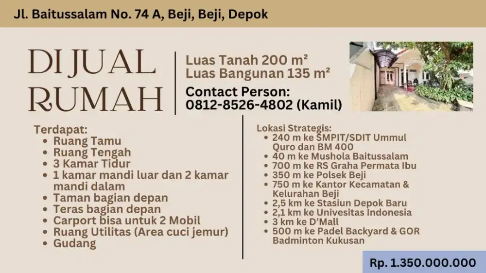Jual Rumah Beji Depok LT 200/135 lokasi strategis