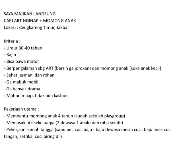 LOWONGAN ART NGINAP DAN MOMONG ANAK