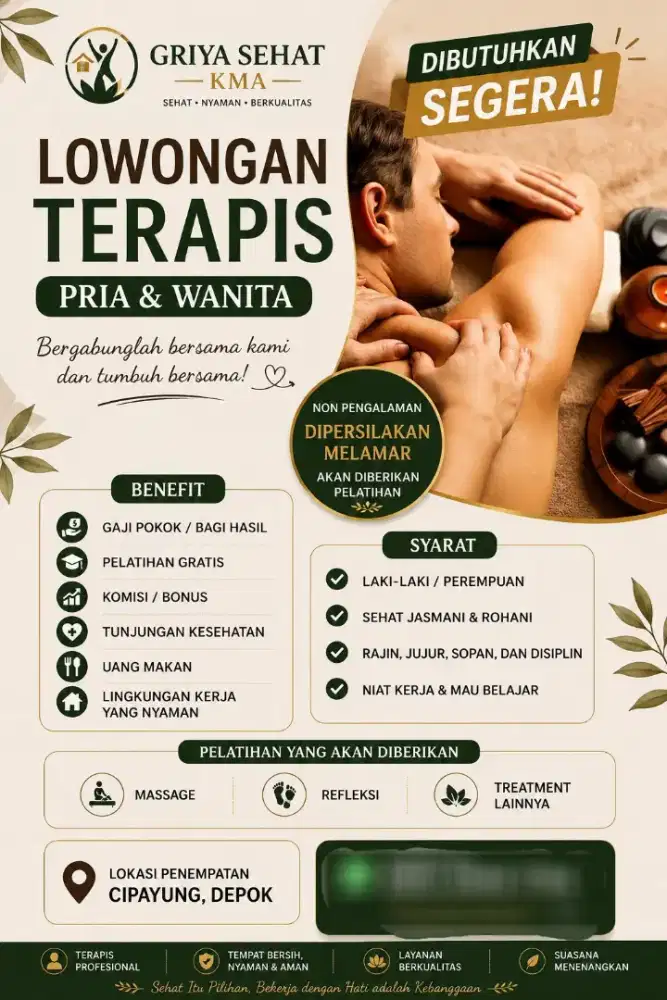 Dibutuhkan segera terapis pijat & refleksi non pengalaman juga bole