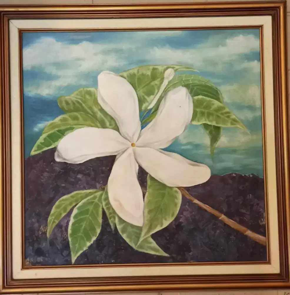 Lukisan realis abstrak Bunga Putih cocok untuk lobby hotel / cafe