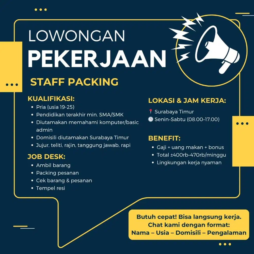 BUTUH CEPAT! BISA LANGSUNG KERJA