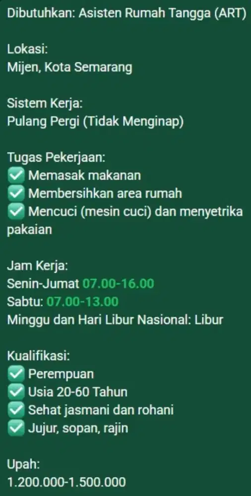 Dibutuhkan ART (Mijen, Kota Semarang)