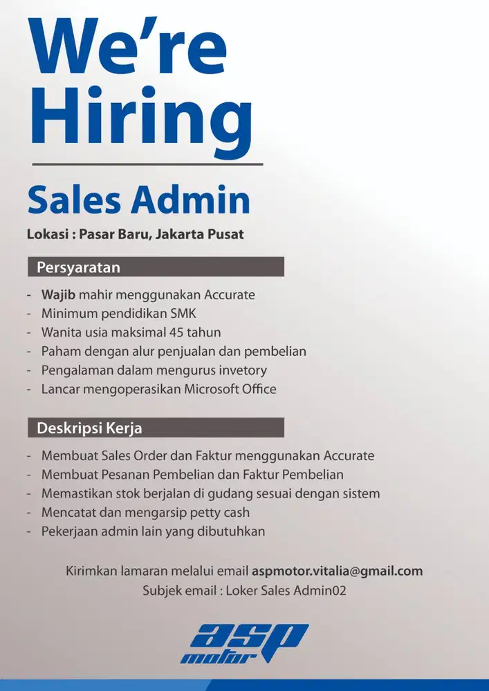 Sales Admin Berpengalaman Accurate Pasar Baru Jakarta Pusat